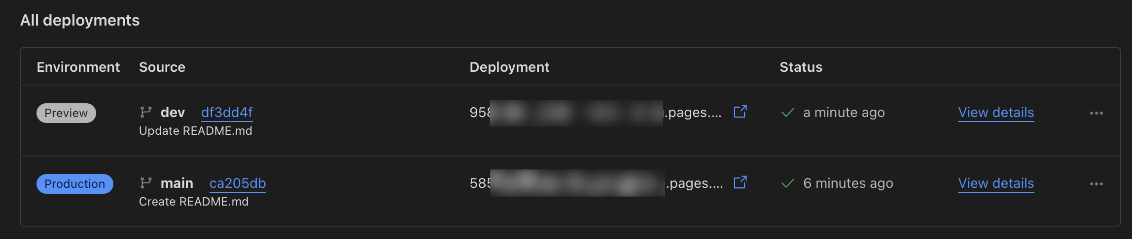image showing the list of production and preview builds in Cloudflare
