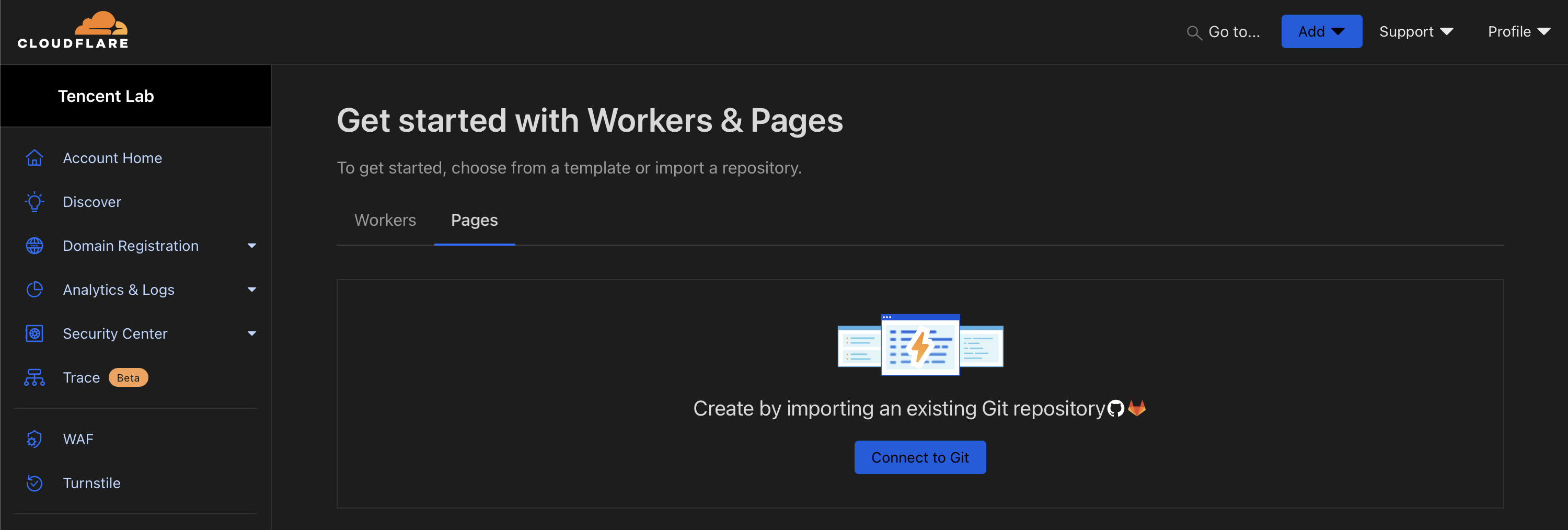 image showing the Cloudflare Pages page and the option to Connect to Git