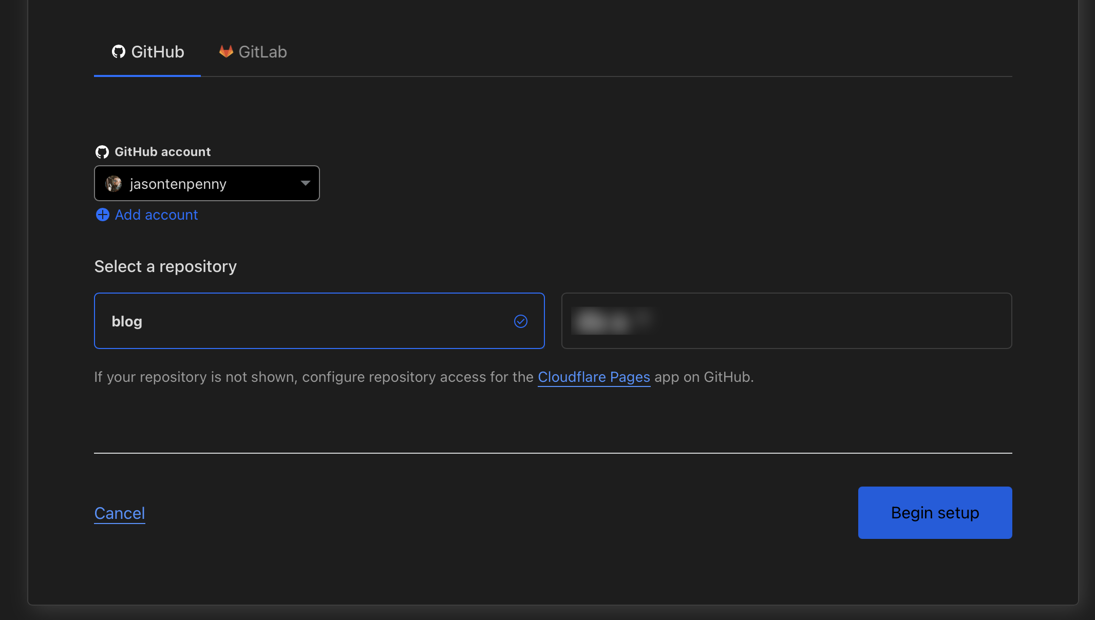image showing the repository selector and the Begin setup button at the bottom