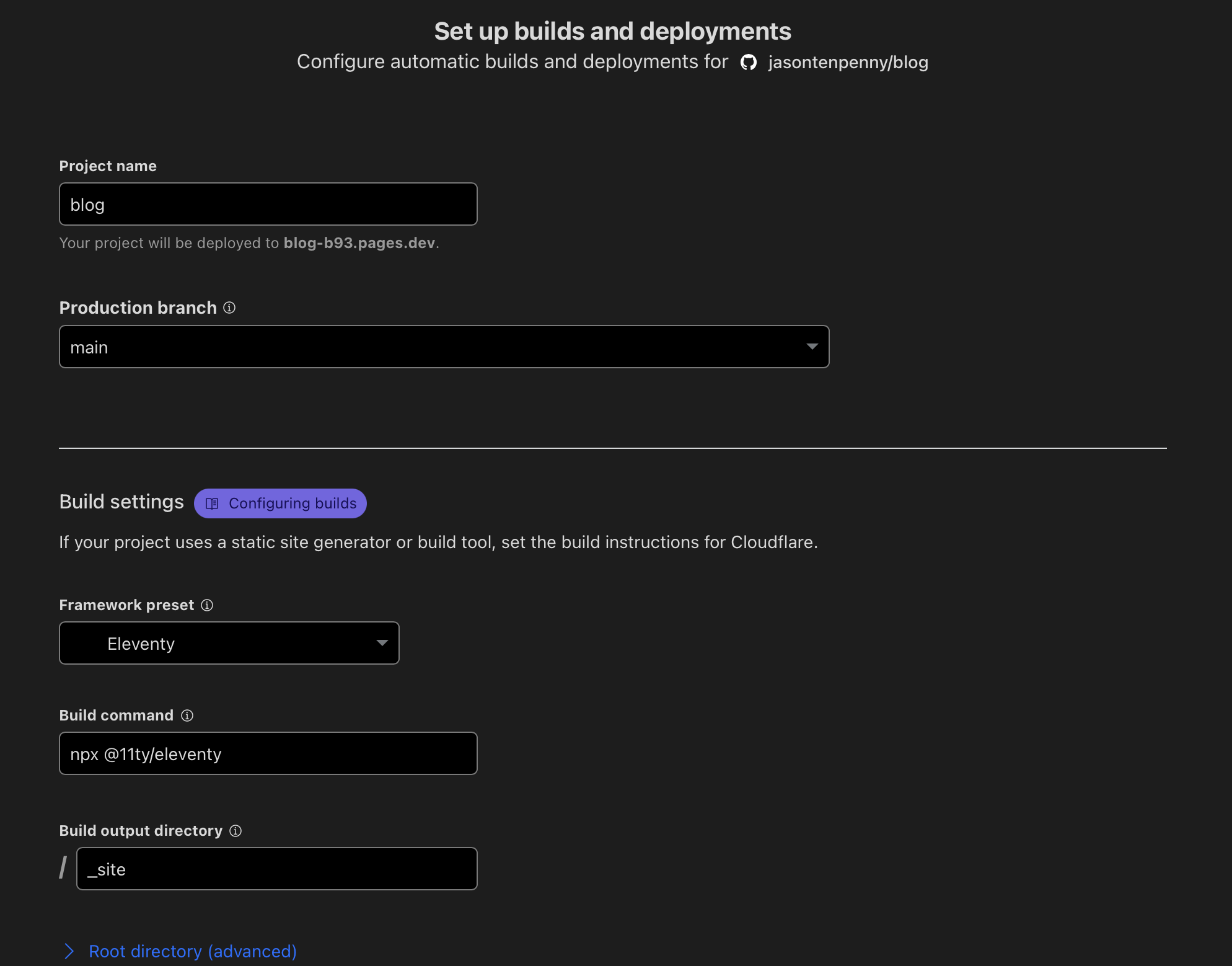 image showing the initial setup, with a Project Name, Production branch, and Framework preset set.