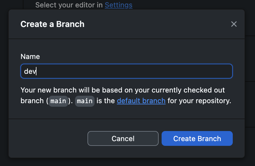image showing the creation of a "dev" branch