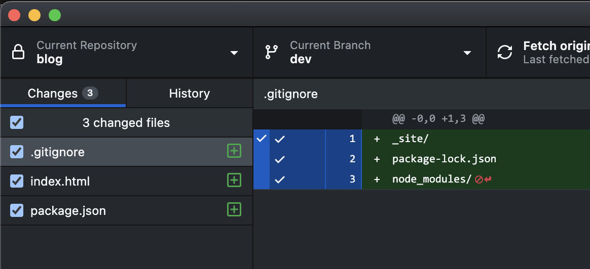 image showing only two files ready for committing after adding the .gitignore file