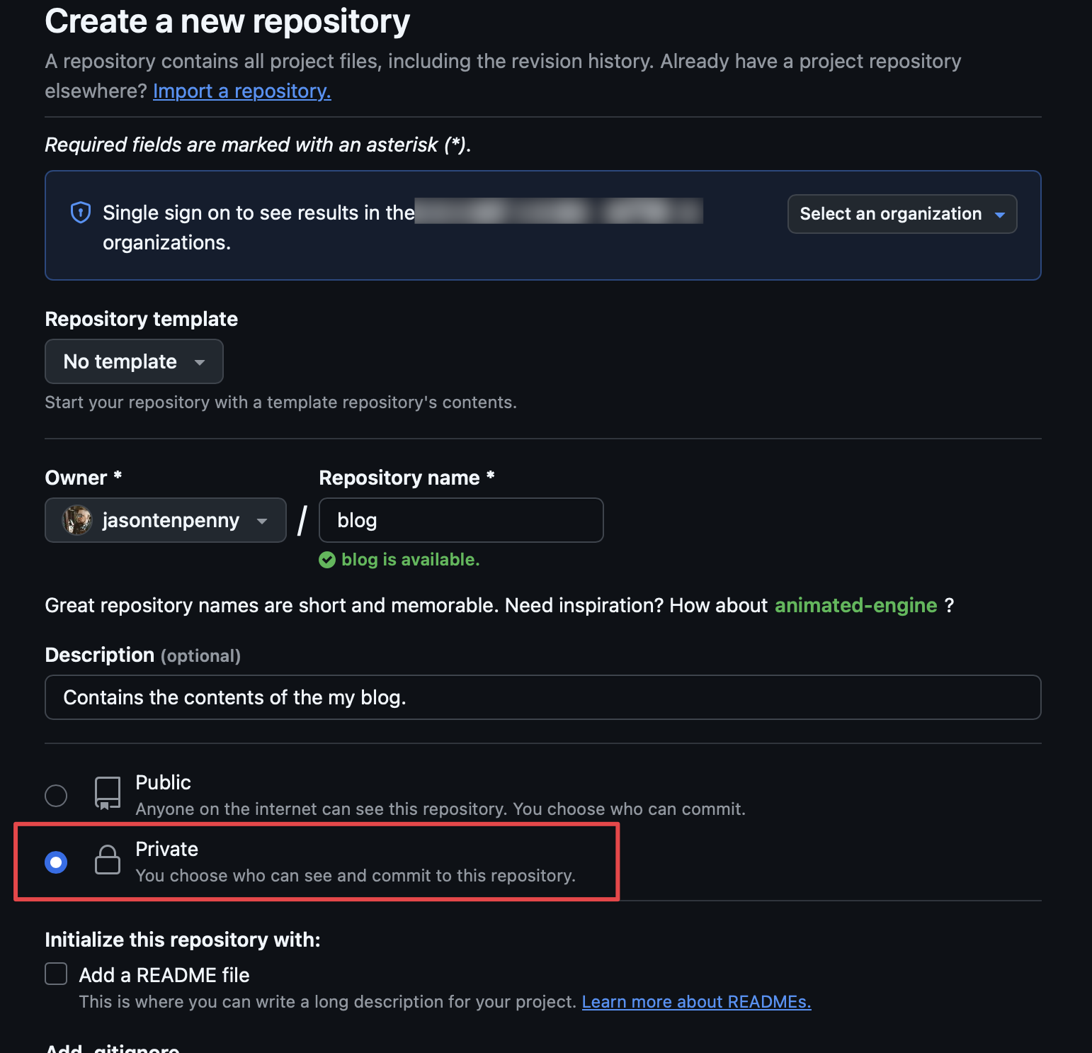 image showing the repository creation page, highlighting the private setting