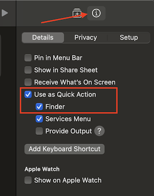 image showing right sidepane with the "Use as Quick Action" and "Finder" options checked