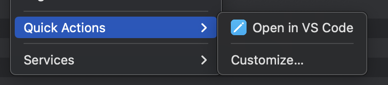 image showing the new "Open in VS Code" shortcut in the Quick Actions menu